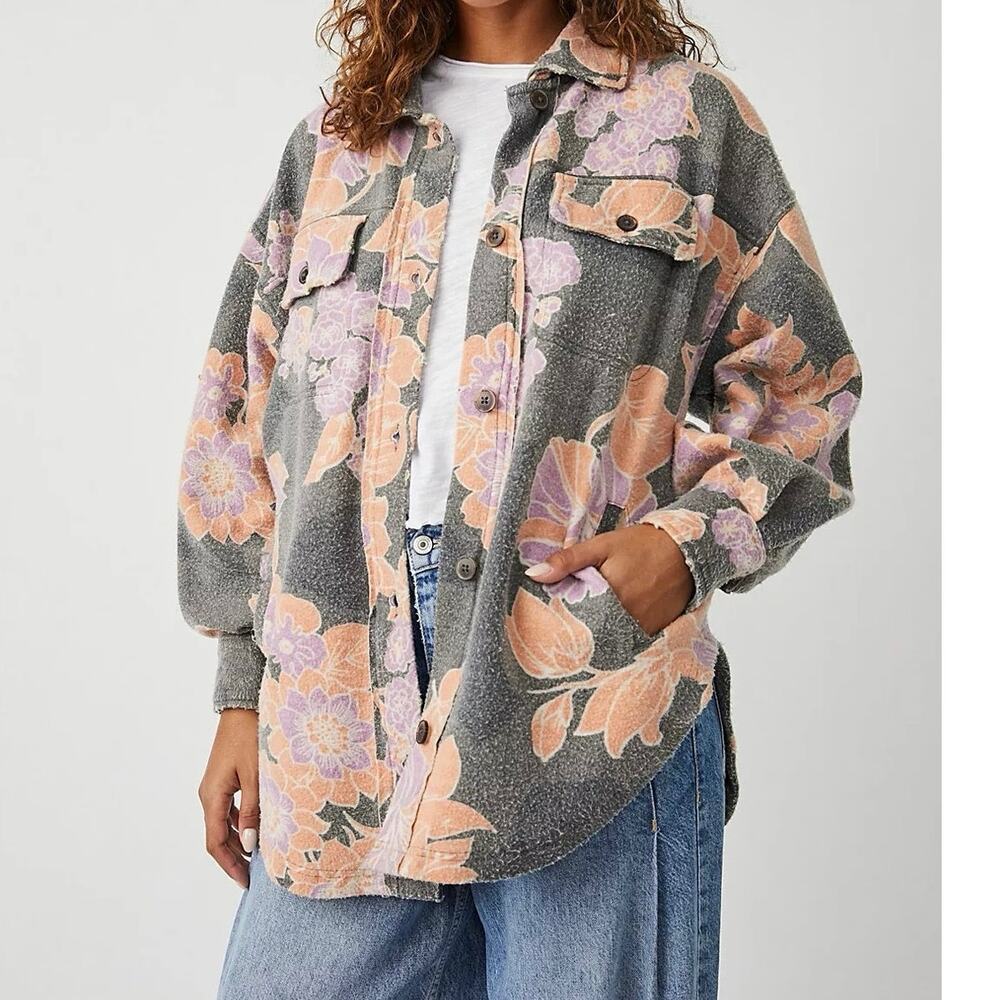 Free People We The Free Printed Ruby Jacket M Shacket Charcoal Floral Relaxed